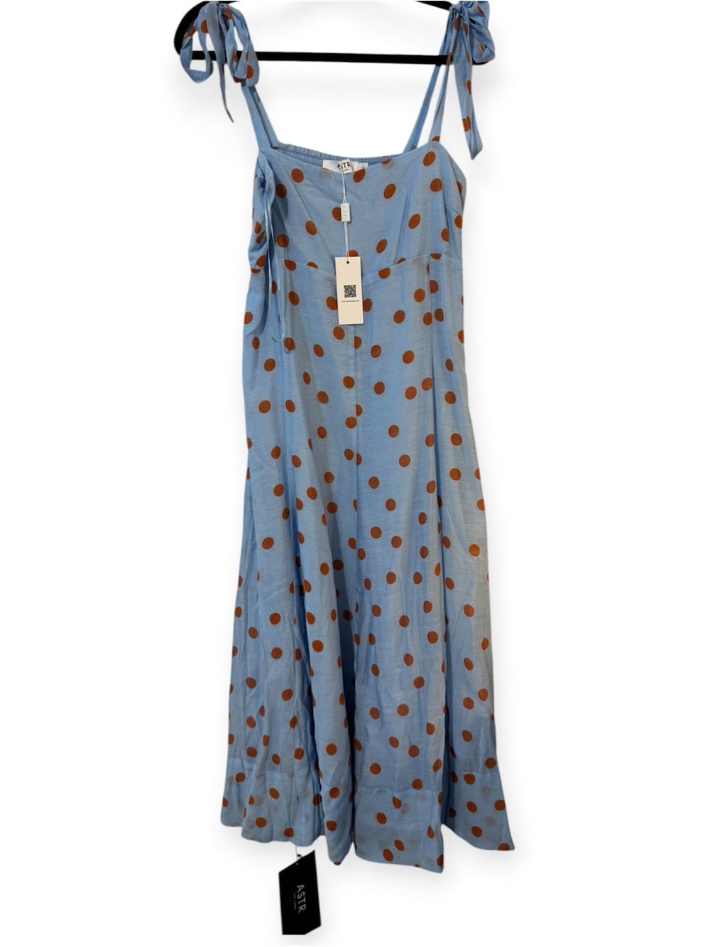 Astr Blue Polka Dot Midi Dress with Tie Shoulders